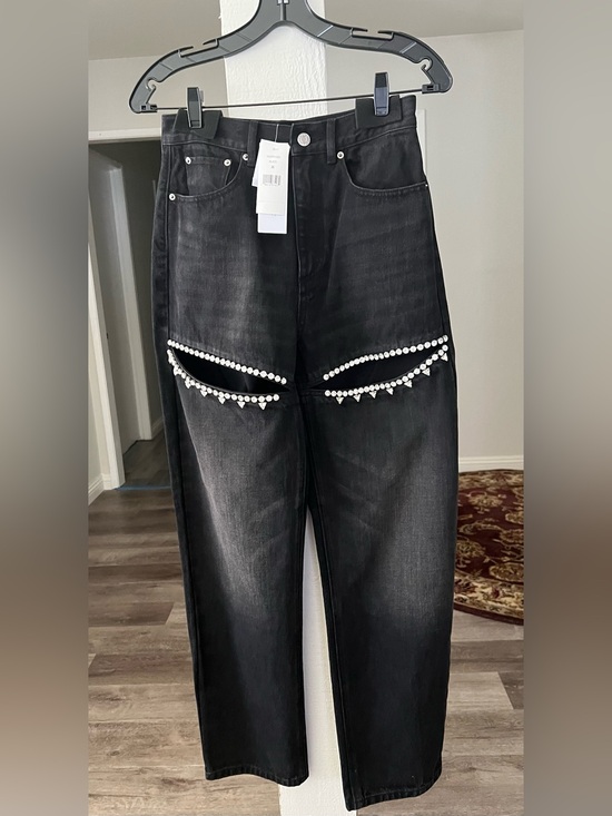 AREA Denim - AREA Black Straight-Leg Jeans with Crystal Thigh Slits.